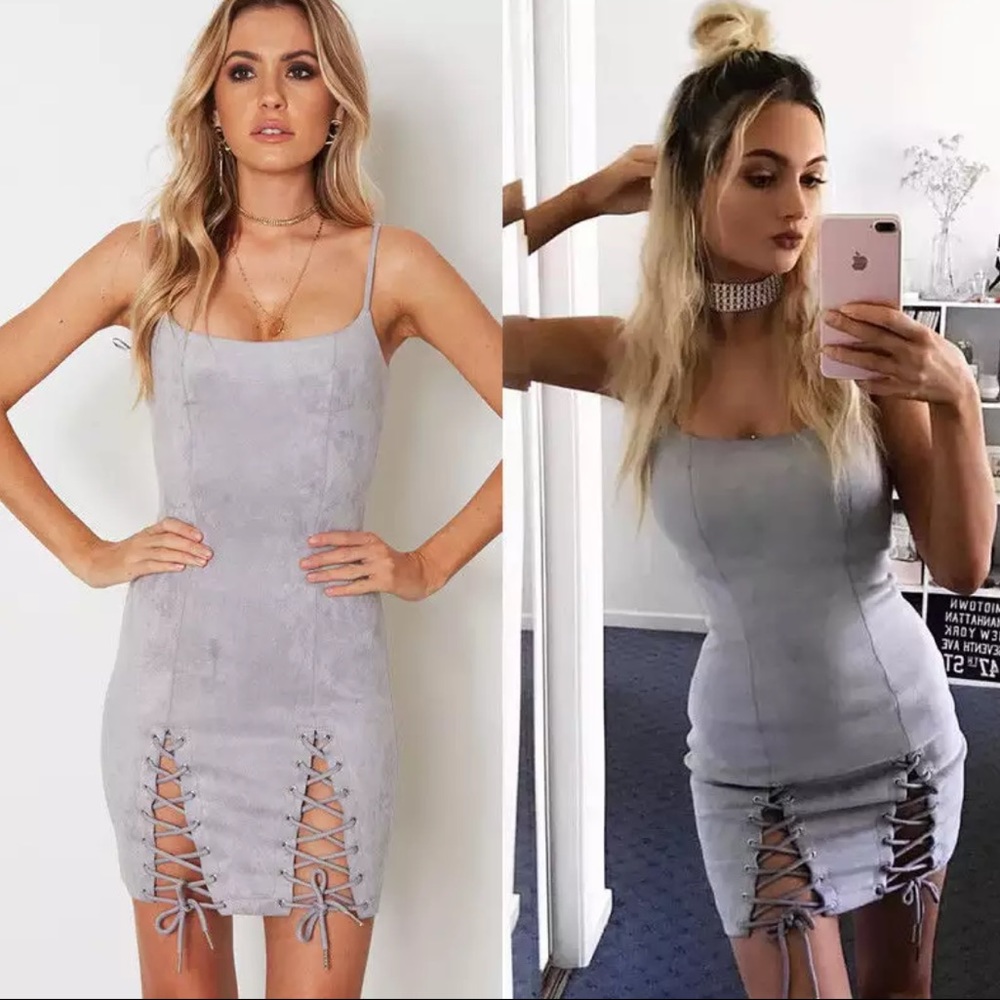 Gray Lace Up Suede Dress